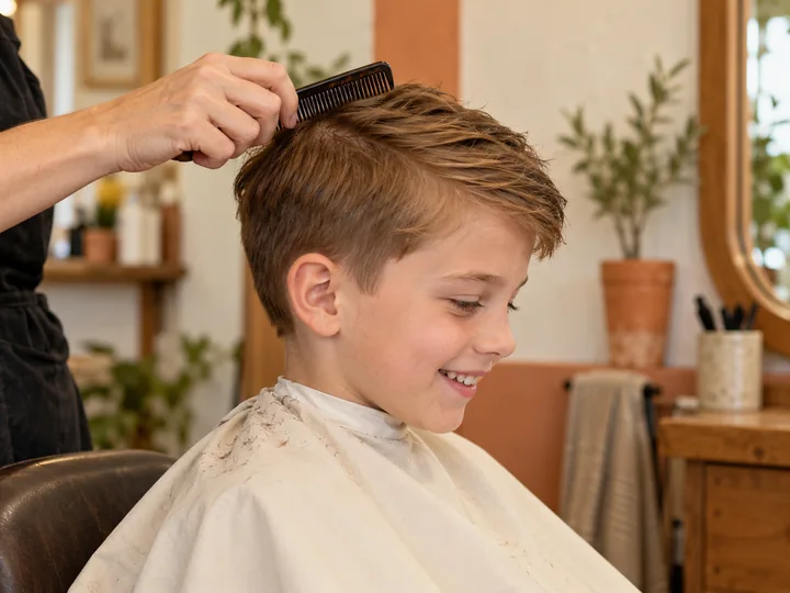 A smiling child having his hair neatly combed